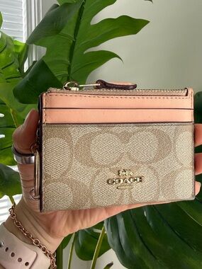 Coach Tan Signature Canvas Card Case with Pink Trim
